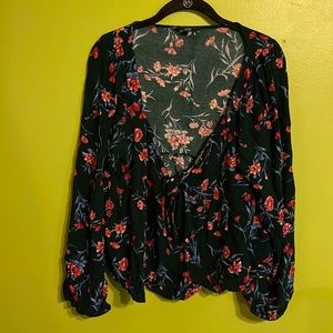 American Eagle Outfitters Blue/Green Boho Floral Long Sleeve Top Blouse Size XL